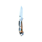Reverse side of Yooper pocket knife 26-551 with blade open, dark acrylic and golden burl handle, and silver pocket clip